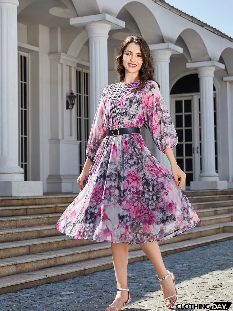 Floral Print Round Neck Balloon Sleeve Midi Dress