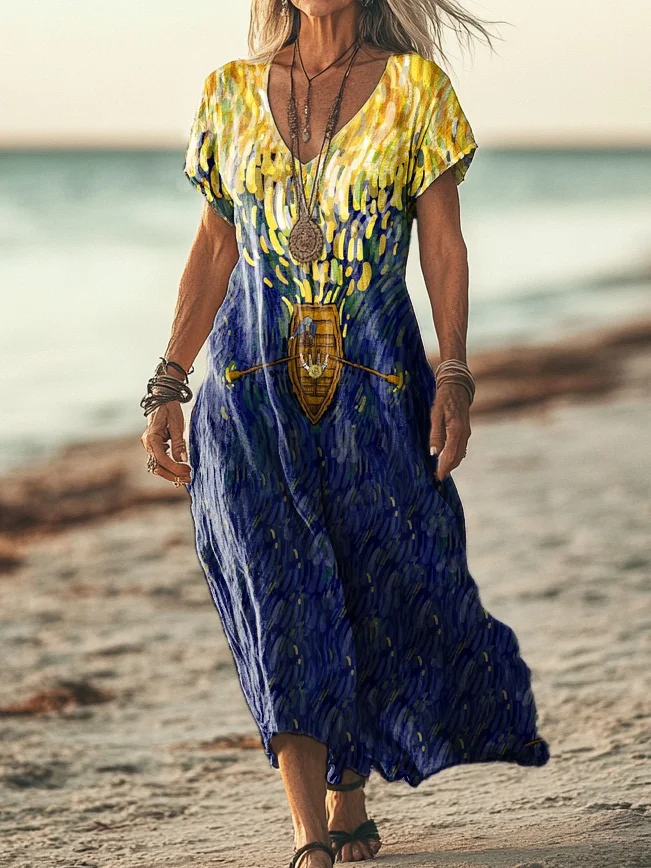 Women's Starry Lake Boating Art Print Round Neck Sleeveless Pocket Linen Dress