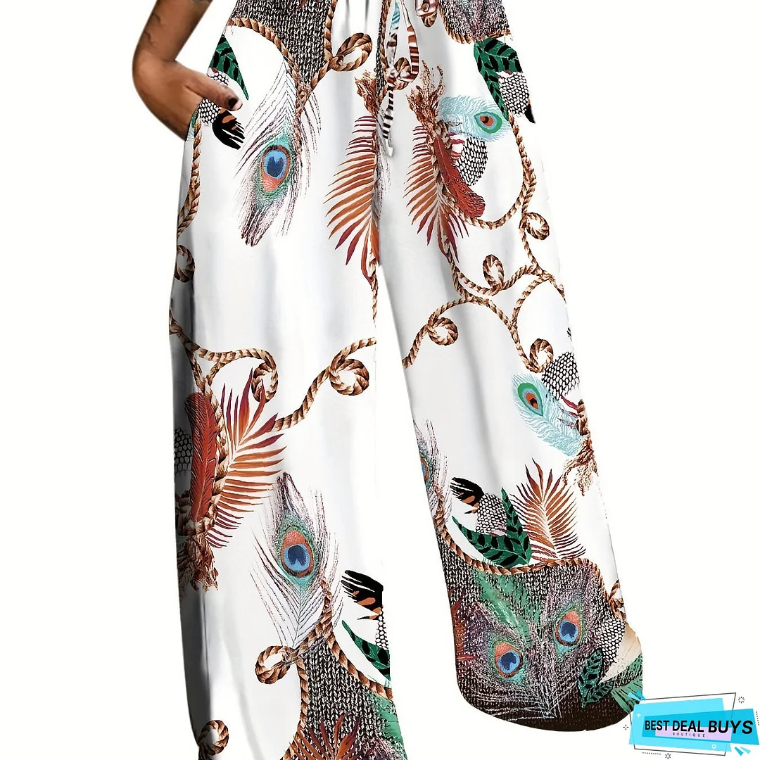 Peacock Print Wide Leg Pants, Retro Drawstring Long Length Palazzo Pants, Women's Clothing