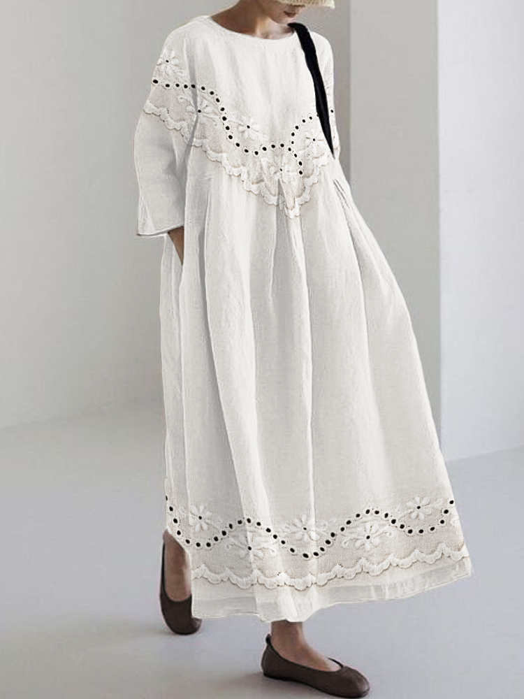Cottage Floral Embroidered Lace Linen Blend Maxi Dress artswardrobe