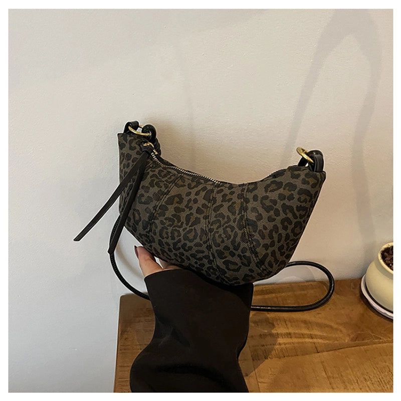 Women’s Canvas Leopard Vintage Style Dumpling Shape Zipper Shoulder Bag Crossbody Bag