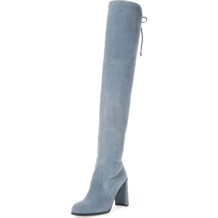 Dusty Blue High Boots Round Toe Vegan Suede Chunky Heel Over-the-Knee Boots |FSJ Shoes