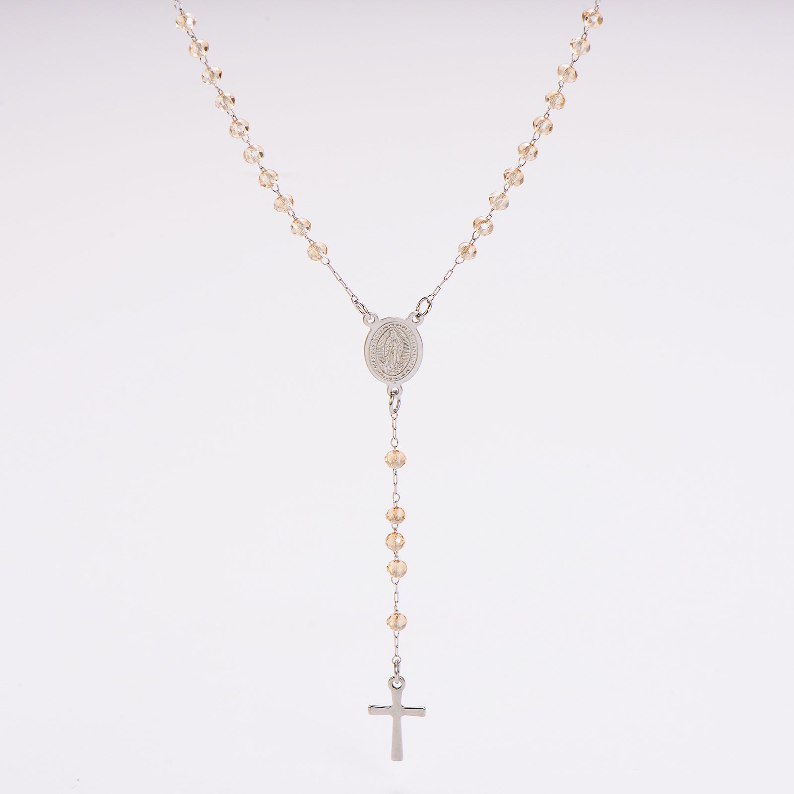 Aml Dopamine Color Crystal Beads Double-Sided Catholic Saint Benedict Portrait + Holy Medal Stainless Steel Long Necklace