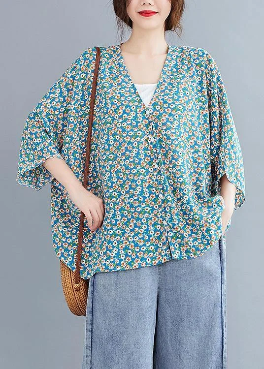 French v neck Batwing Sleeve Blouse Shirts blue floral blouse
