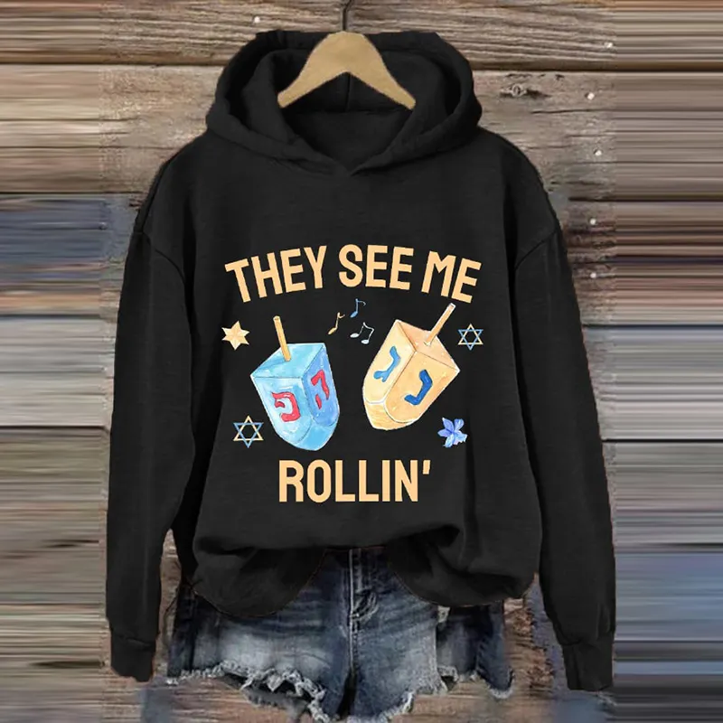Women's Funny They See Me Rollin Happy Hanukkah Casual Hoodie