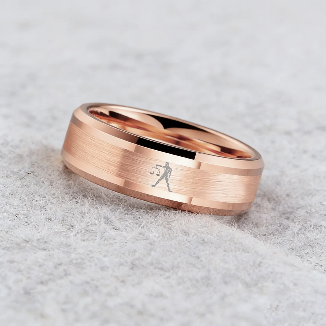 Rose Gold Libra Tungsten Carbide Ring Beveled Edges Rose Gold Laser Etched Couple Wedding Bands for Men and Women 4MM 6MM 8MM