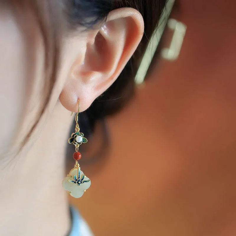 Lucky Four Leaf Clover Jade Abundance Copper Earrings
