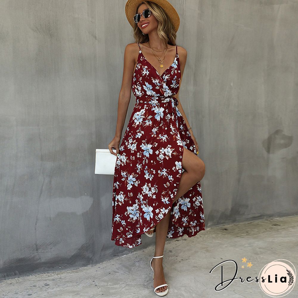 Elegant Floral Print Split Sling Dress For Women Autumn New V-Neck High Waist Lace-up