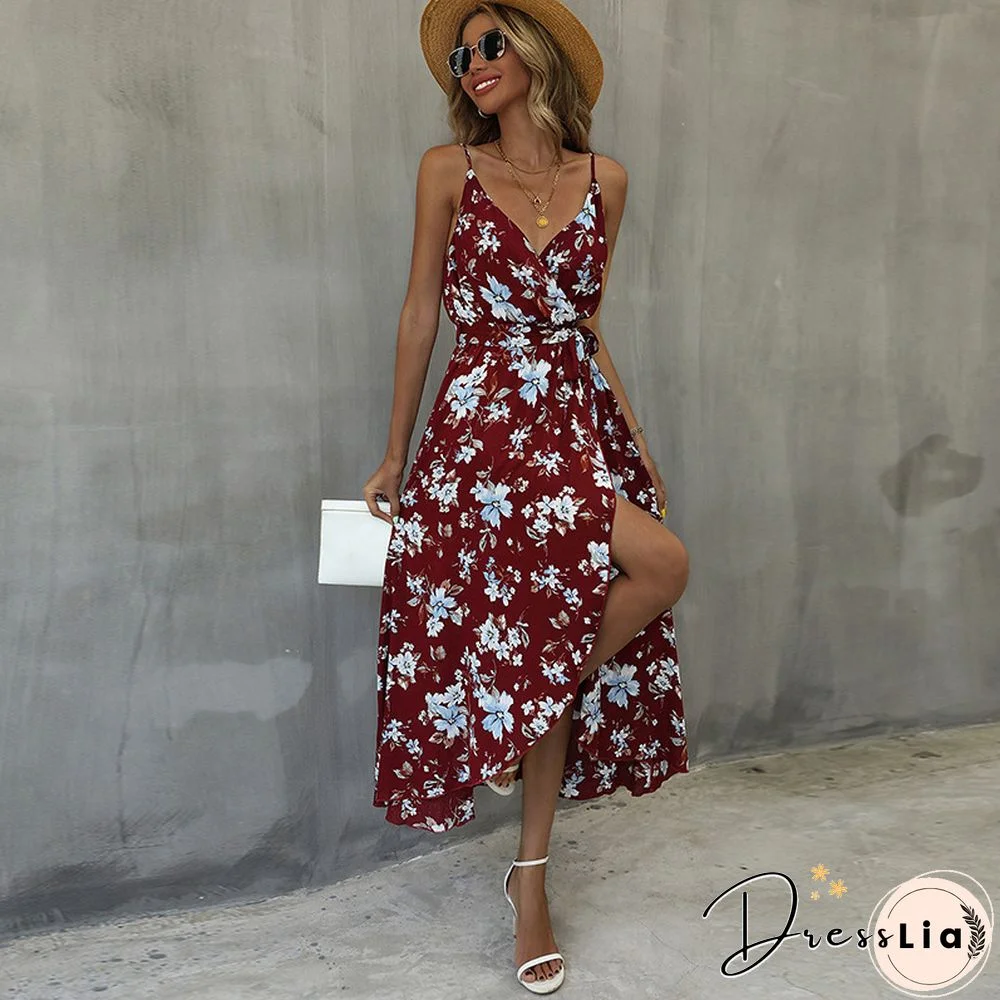 Elegant Floral Print Split Sling Dress For Women Autumn New V-Neck High Waist Lace-up Backless Skinny Maxi Dress