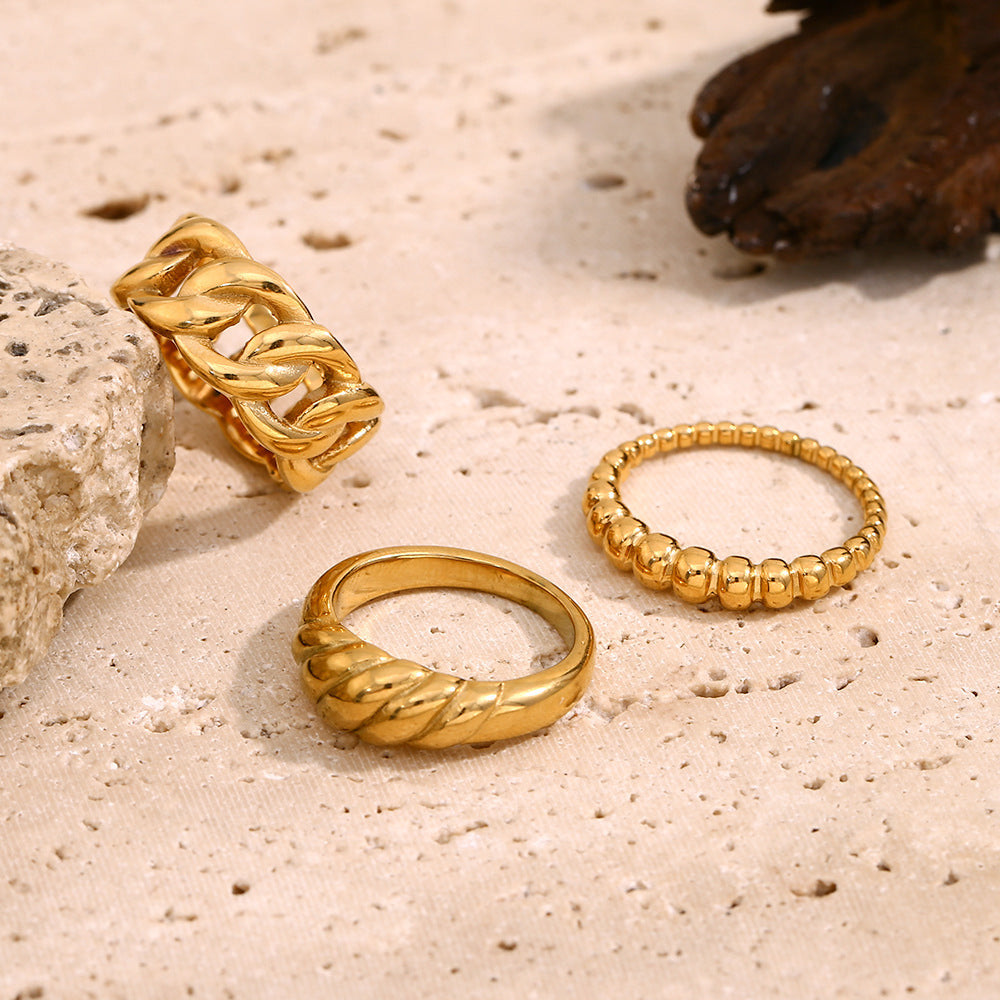 Fashion Retro Personality Bead Chain Jewelry Stainless Steel Plated 18K Gold Middle Thread Ring Female