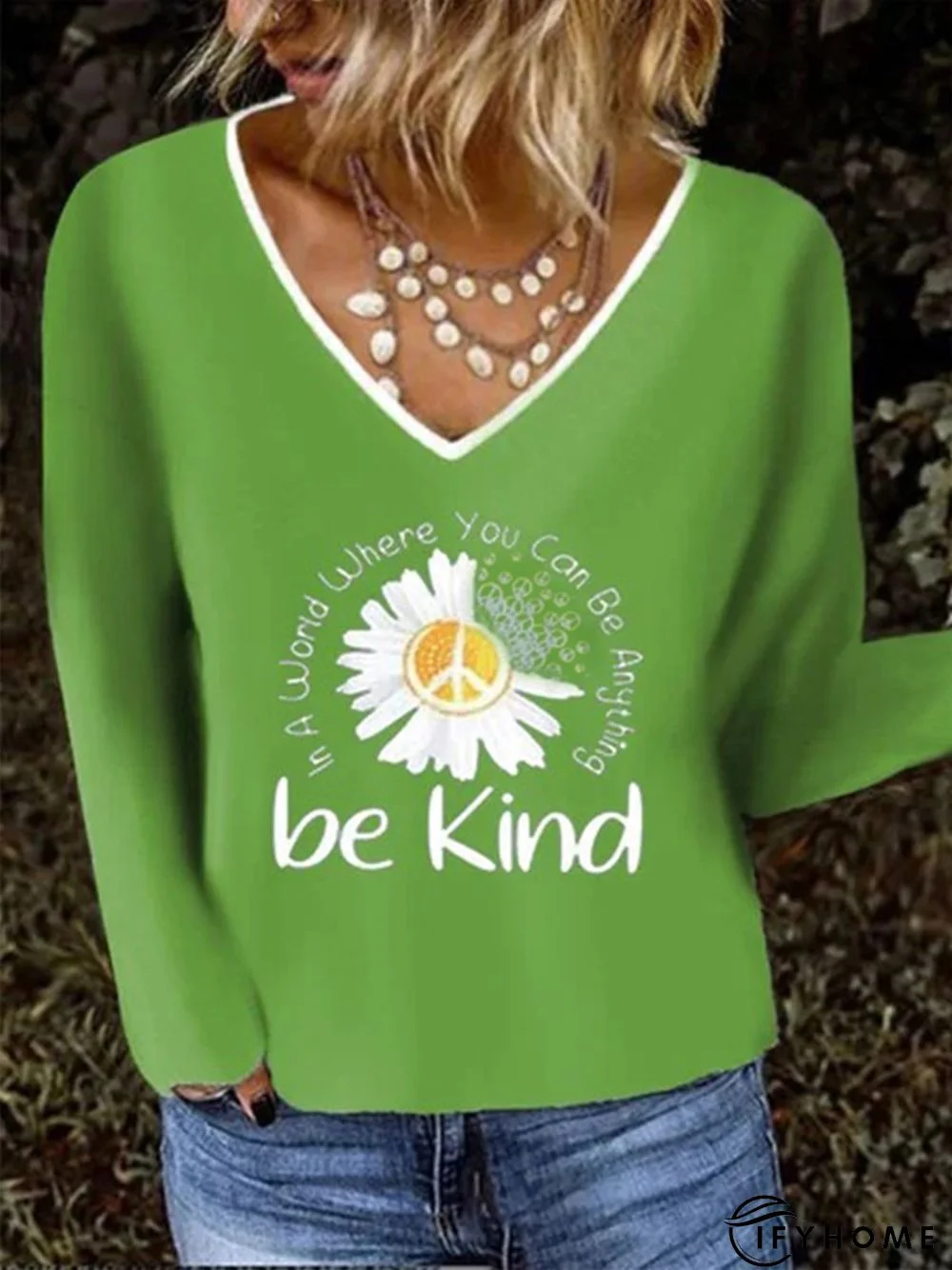 Vintage Be Kind Daisy Printed V Neck Long Sleeves Plus Size Casual Tops | IFYHOME