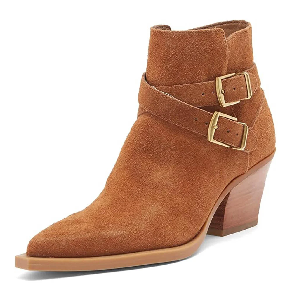 Tan Vegan Suede Pointed Toe Buckle Strap Stacked Heel Ankle Boots