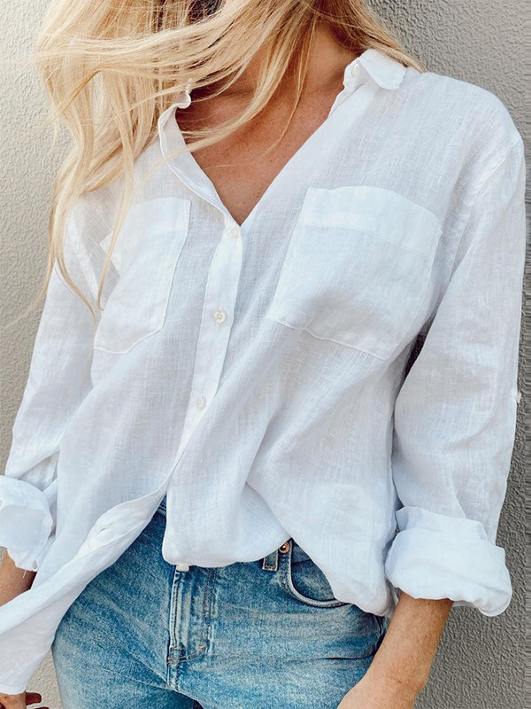 Women's Cotton Linen Shirt Lapel Single Breasted Solid Shirt Tops