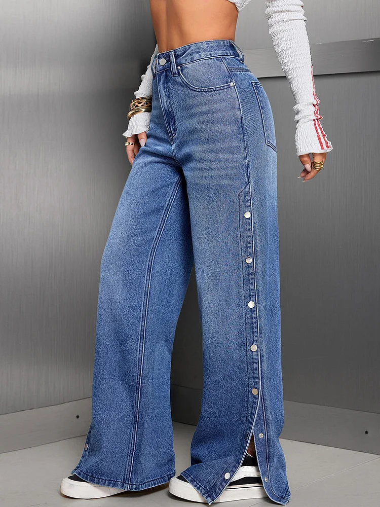 High Waisted Wide Leg Buttoned Pockets Solid Color Jean Pants Bottoms