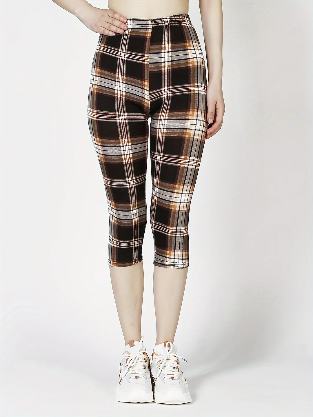 Women's Khaki Plaid Capri Leggings, 95% Polyester 5% Spandex, High Stretch Skinny Fit, Elastic Waist, Three Quarter Length, Casual Knit Fabric, Summer Gym Sport Jeggings, No Belt, Regular Fit For Adult | IFYHOME