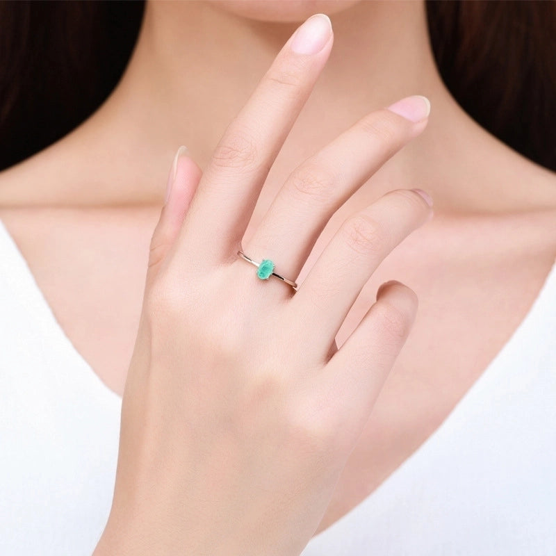 Simple S925 Sterling Silver Egg-shaped Imitation Paraiba Tourmaline Ring Female