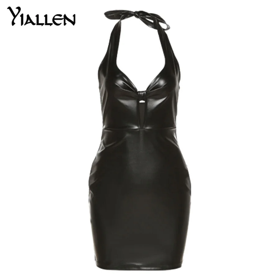 Yiallen Summer Faux PU Leather Sexy Low V-Neck Mini Dress Women Sheath Cleavage Body-Shaping Lace Up Halter Sleeveless Female