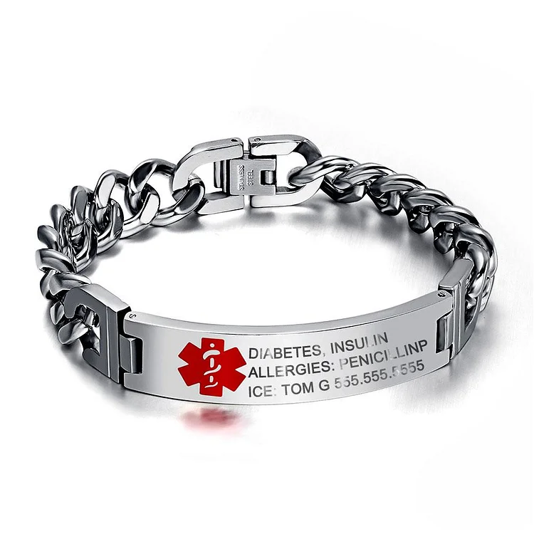 Engraved Medical Alert Bracelet for Women Men Emergency ID Chain Bracelet Stainless Steel Waterproof Personalized