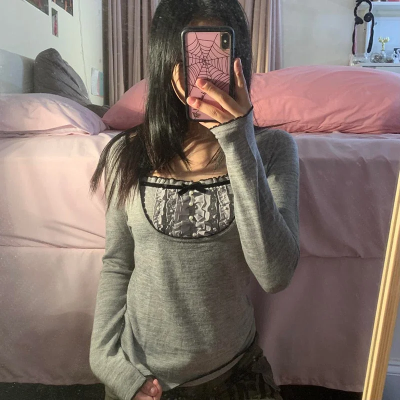 Rapcopter Y2K Grey Sweaters Frill Pearl Sweet Cute Jumpers Prepply Full Sleeve Bow Pullovers Women Vintage Grunge Knitwear Chic