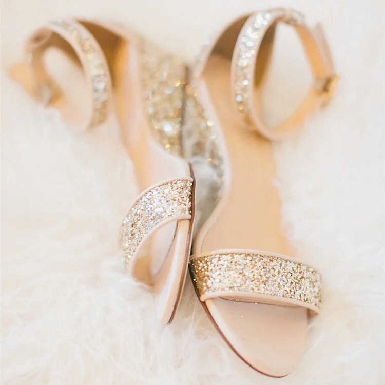Golden Glitter Bridal Sandals Open Toe Wedge Heels Ankle Strap Sandals |FSJ Shoes