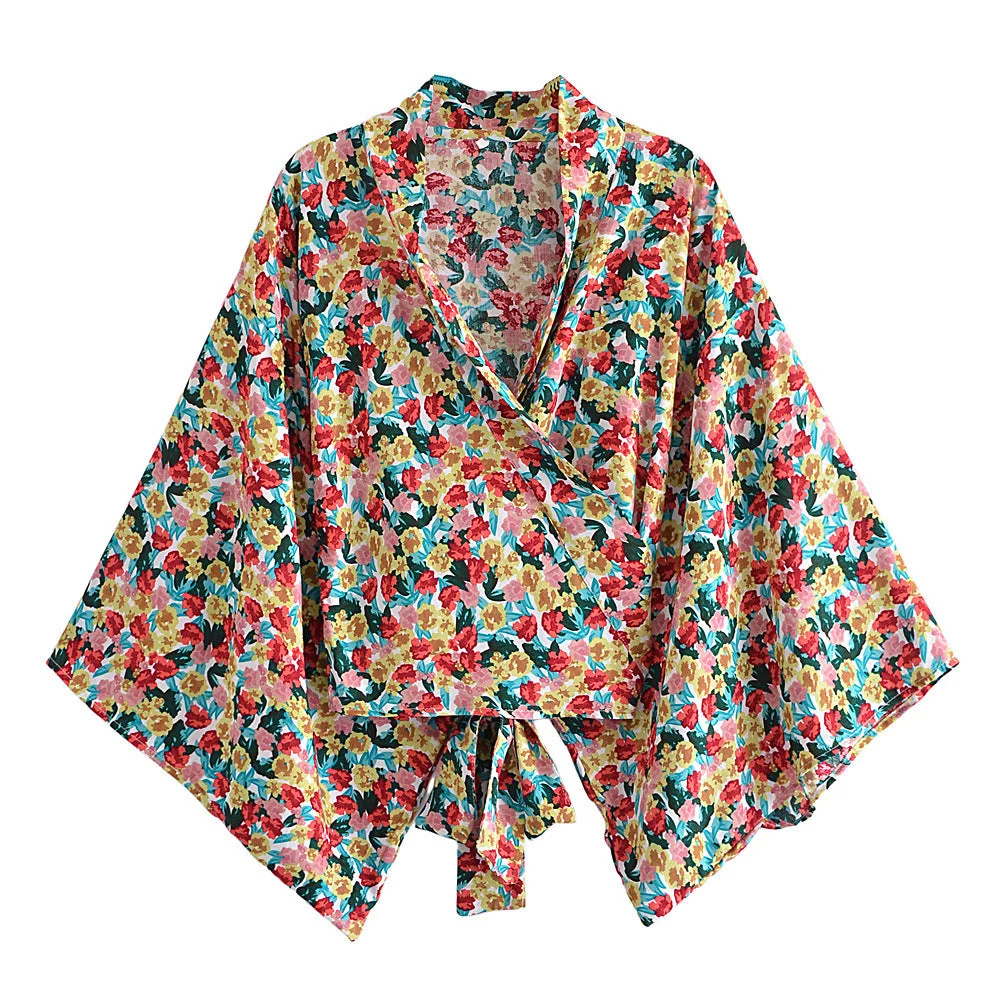 Uveng Print Collar Batwing Sleeve Bohemian Blouses