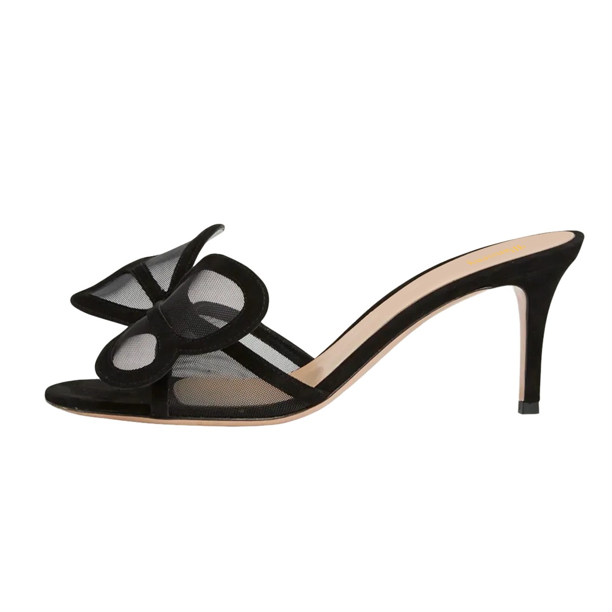 Black Mesh Open Round Toe Stiletto Heel Butterfly Detail Slide Sandals Nicepairs