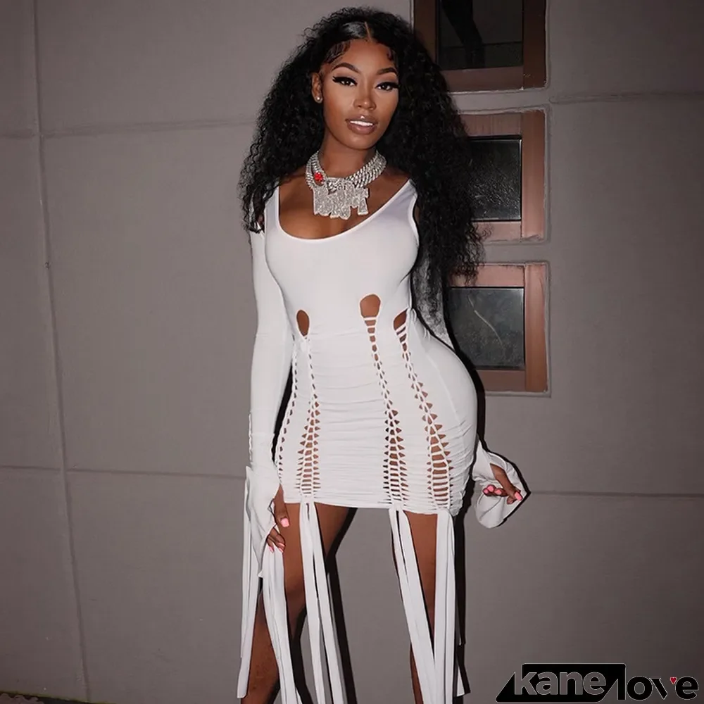 Spring Women'S Solid Color Long Sleeve Ripped Knit Slim Bodycon Dress Two-Piece Set