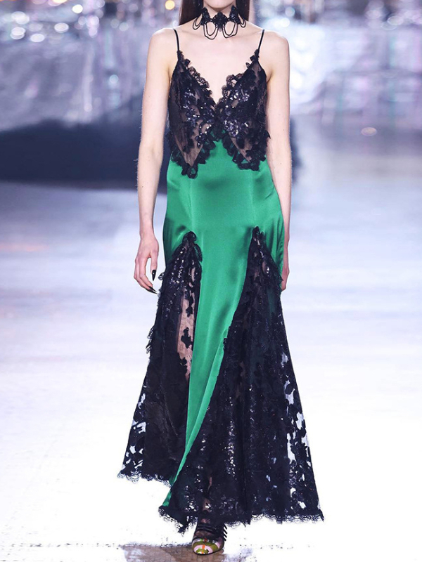 Gothic Lace Paneled Beaded Sequins Spaghetti Maxi Dress