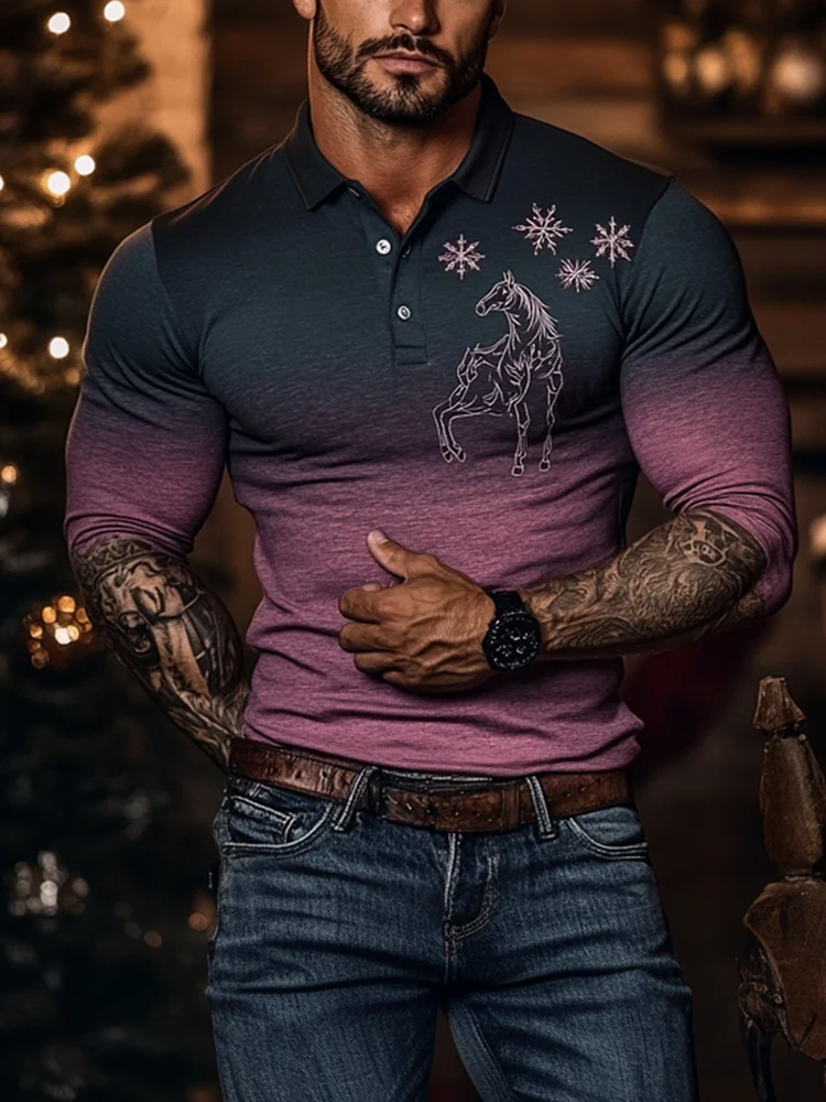 Men's Christmas Snowflake Long Sleeve Polo Shirt