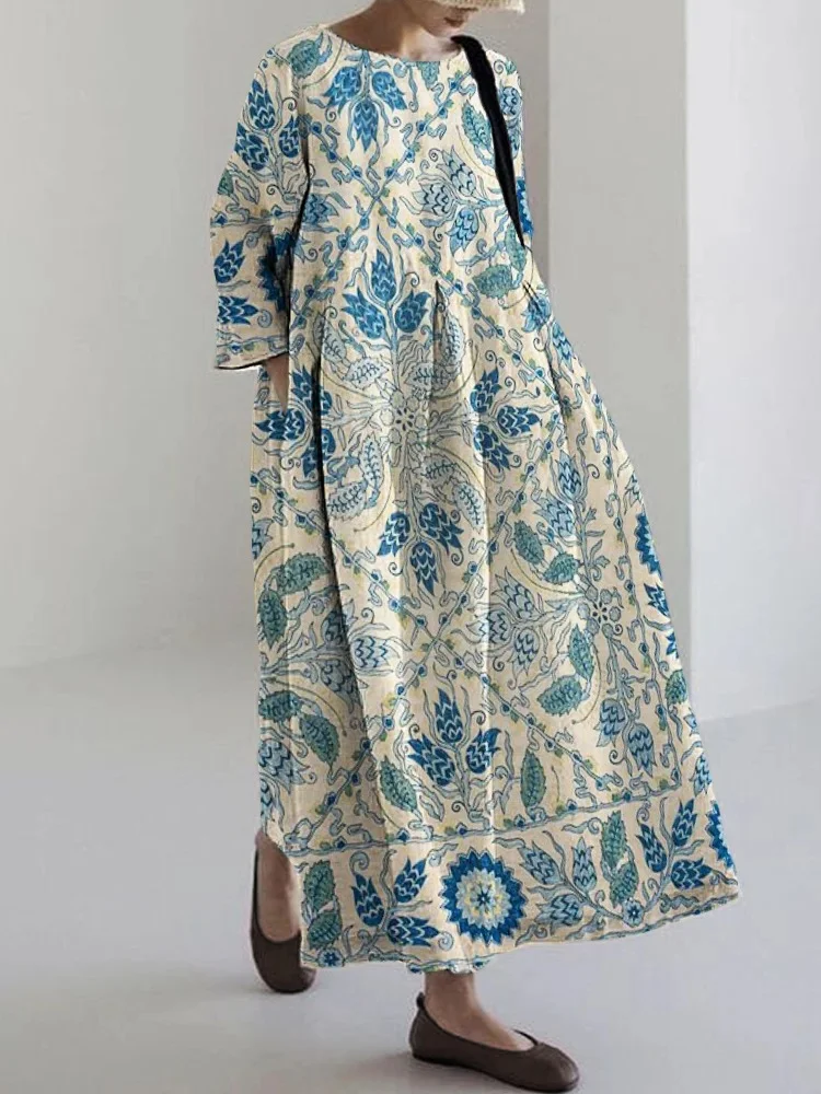Elegant Floral Suzani Embroidered Pattern Linen Blend Maxi Dress