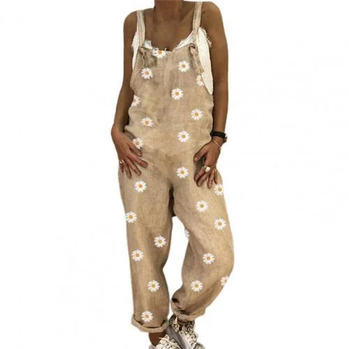 Summer Women Jumpsuits Fashion Jumpsuit Chrysanthemum Print Shoulder Strap Women Loose Sleeveless Backless Romper Overalls 3XL