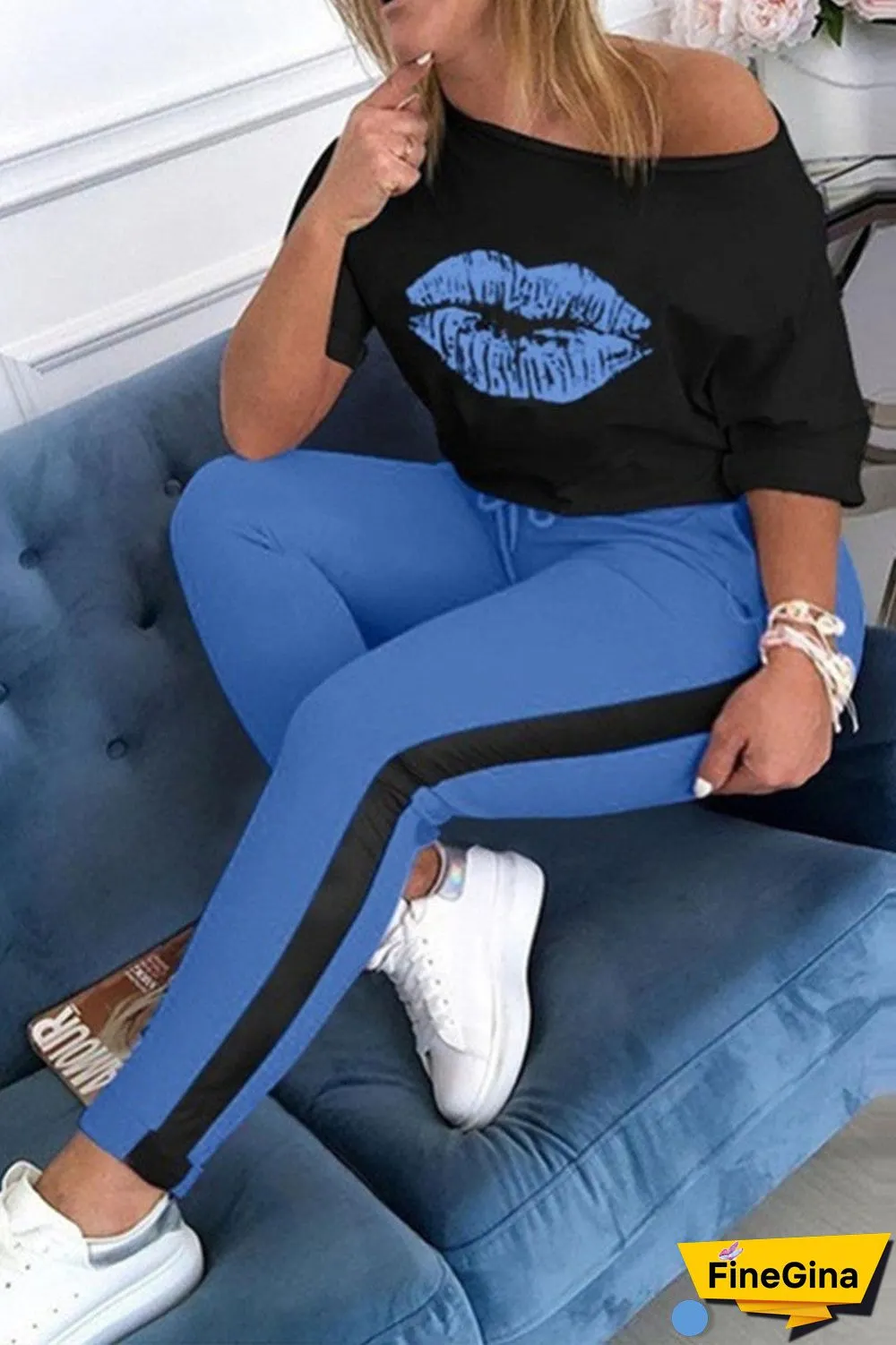 Fashion Casual Lips Printed Basic Oblique Collar Three Quarter Regular Sleeve Regular Two Pieces
