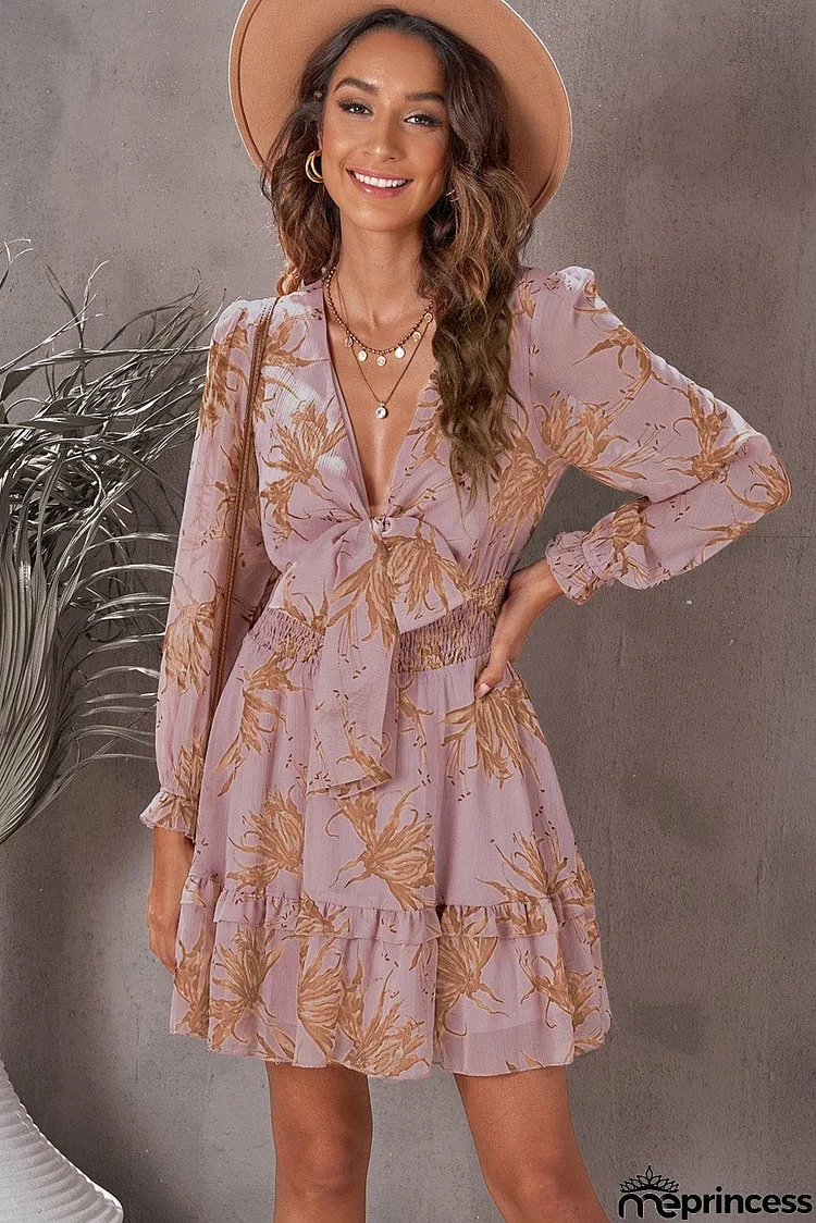 Floral Deep V Flounce Sleeve Mini Dress