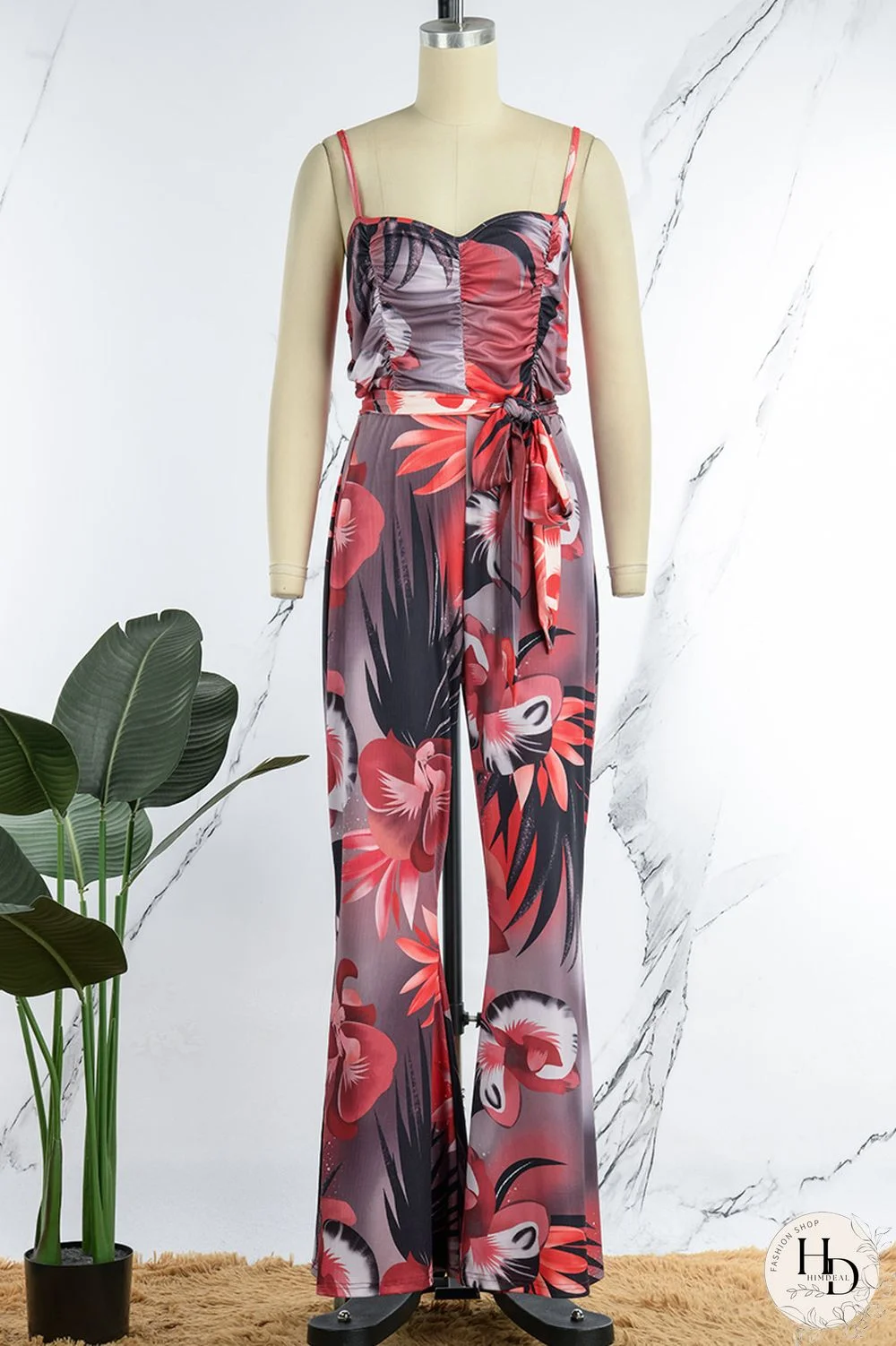 Blue Sexy Print Bandage Patchwork Spaghetti Strap Regular Jumpsuits