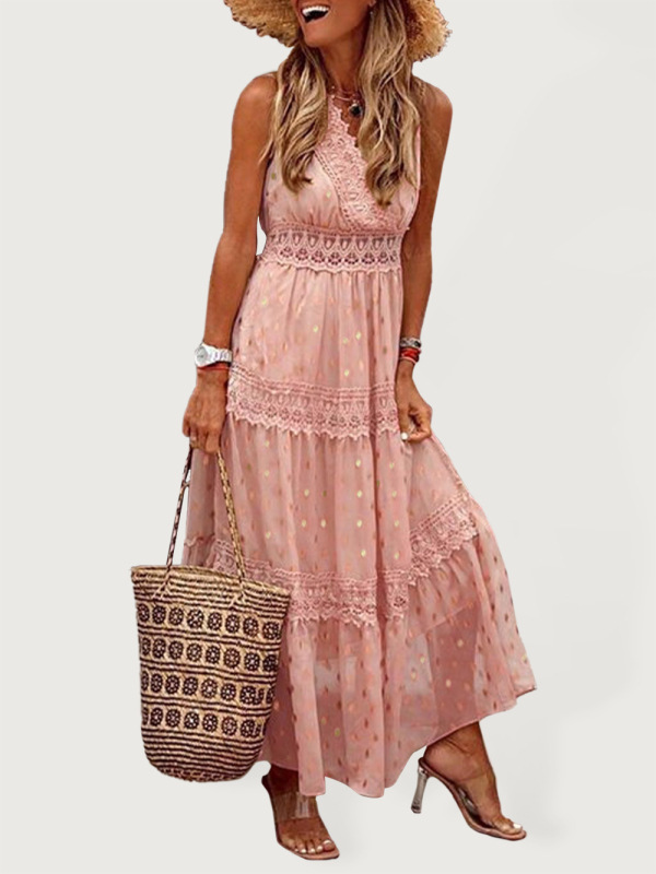 Mature Women Summer Fashion Deep V Sleeveless Lace-Panel Chiffon Midi Maxi Dress