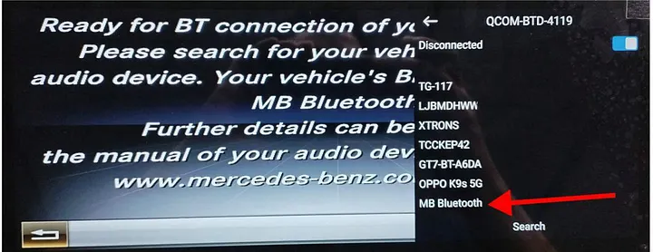Mercedes NTG search results with MB Bluetooth selected