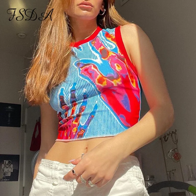 FSDA 2021 Summer Y2K Print Crop Top Women Green Sleeveless Casual Fashion 90S Off Shoulder Red Sexy Tank Tops