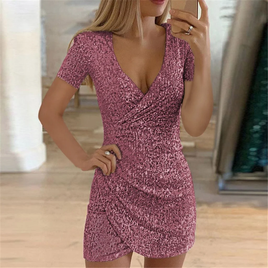Women Glitter Sequin Dress Sexy Deep V-neck Short Sleeve Slim Elegant Dress Women Party Mini Dresses Sparkly Bodycon Dresses NEW