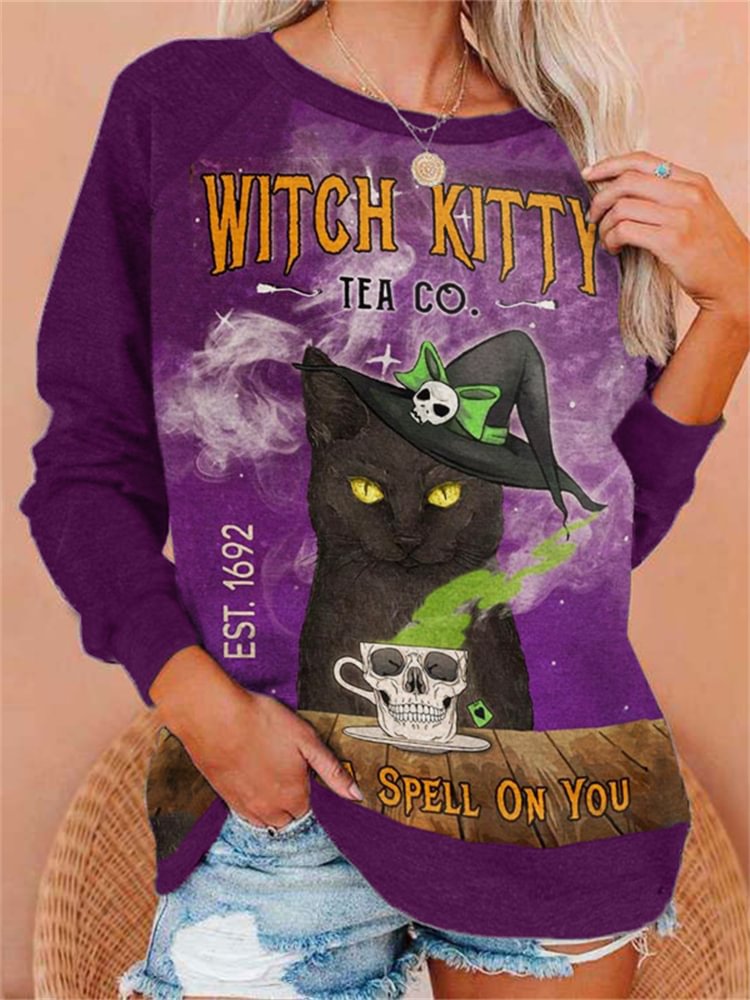Vefave Halloween Witch Kitty Tea Co Sweatshirt
