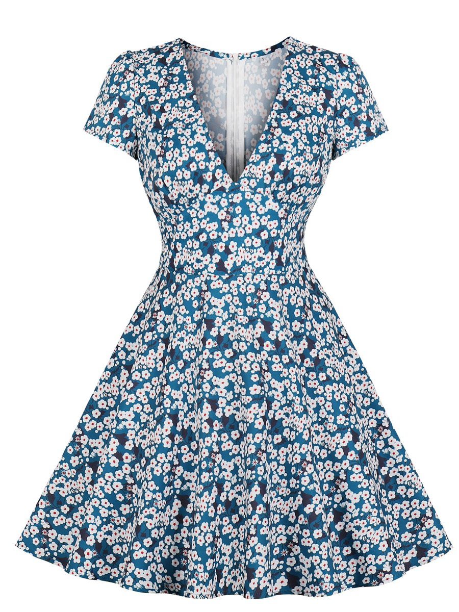 1950s Dress Fresh Style Small Floral V Neck Aline Dress