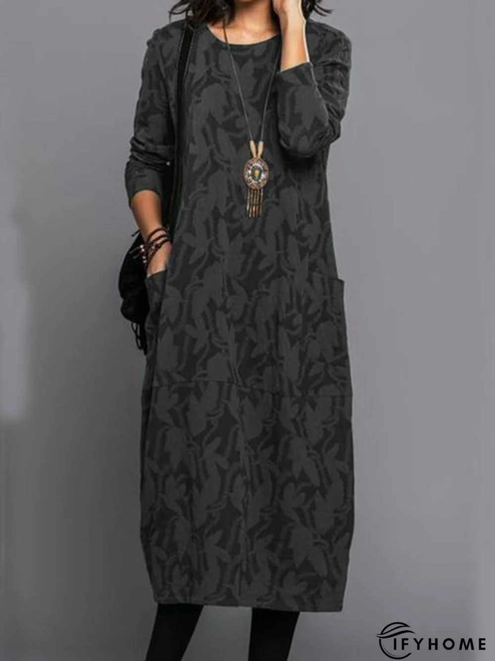 Vintage Printed Winter Jersey Long sleeve Loose Crew Neck Long Dresses for Women | IFYHOME