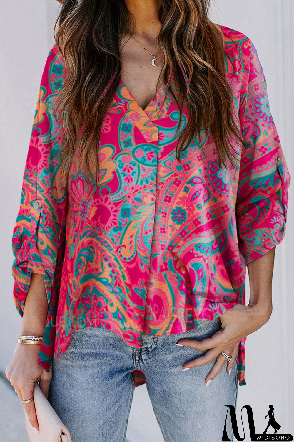 MidiSono - Rose Red Paisley Print Tab Sleeve V-Neck Blouse