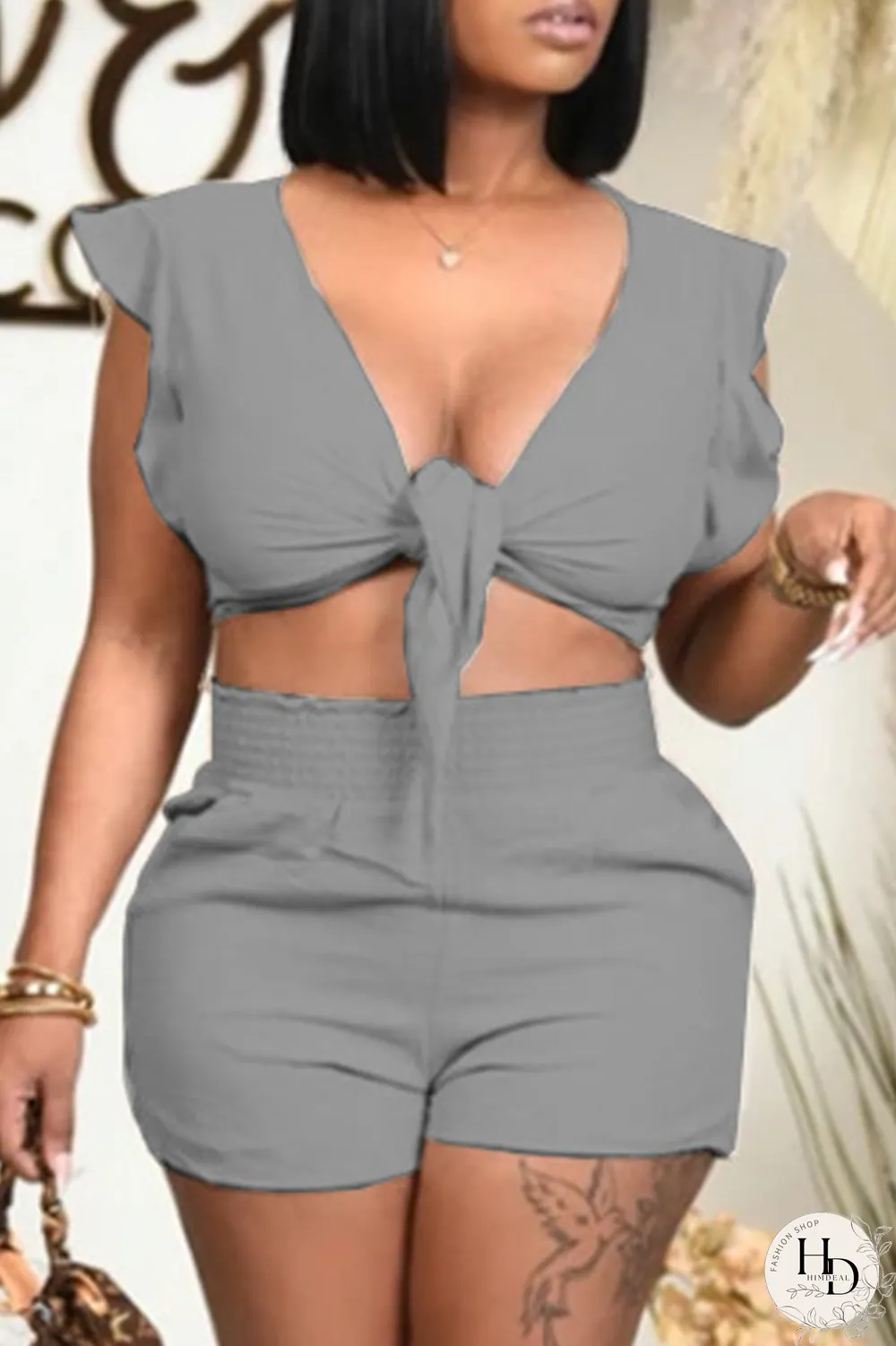 Cream White Sexy Solid Flounce V Neck Sleeveless Two Pieces