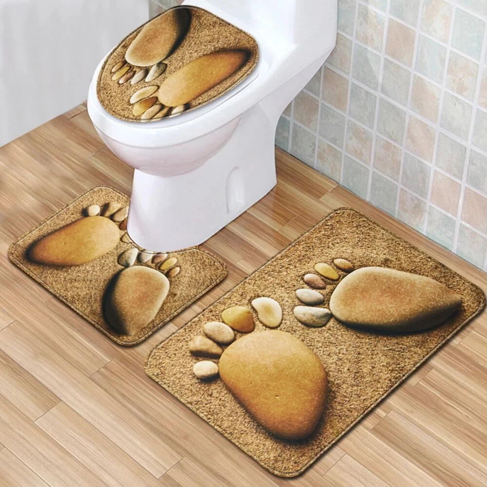 Wood grain Toilet seat Cover 3pcs Set Bathroom Mat Home  Absorbent Door mats washroom Decorations Carpet Printing Flannel Rugs