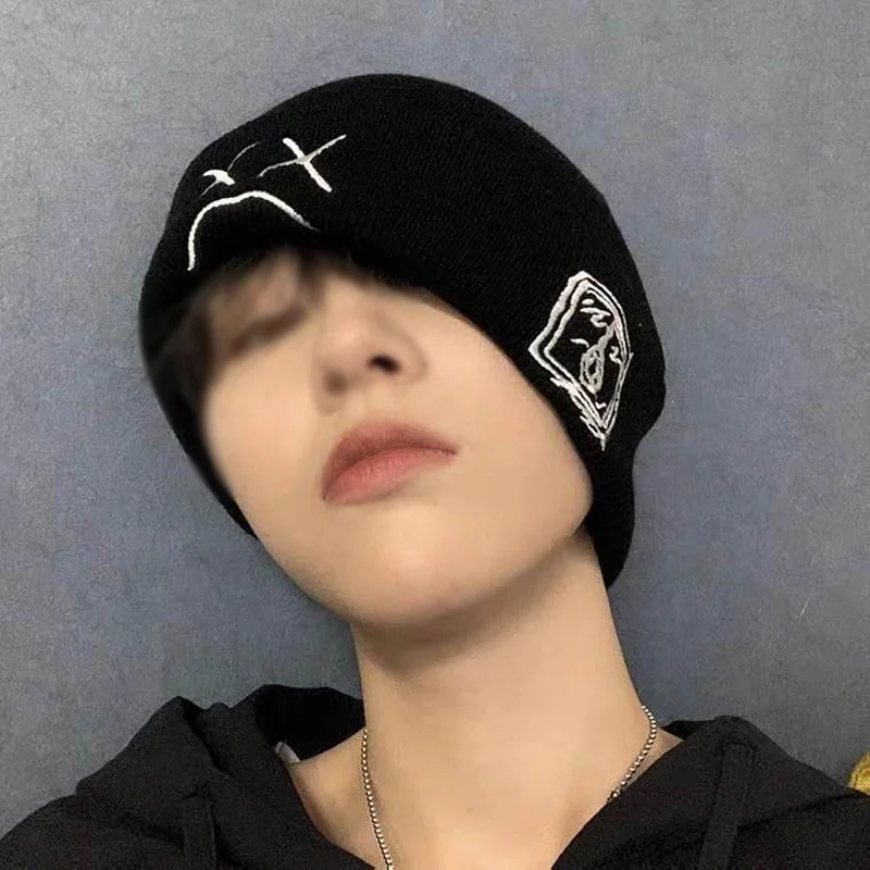 Embroidered Knitted Hat With Sad Face Expression-inspireuse