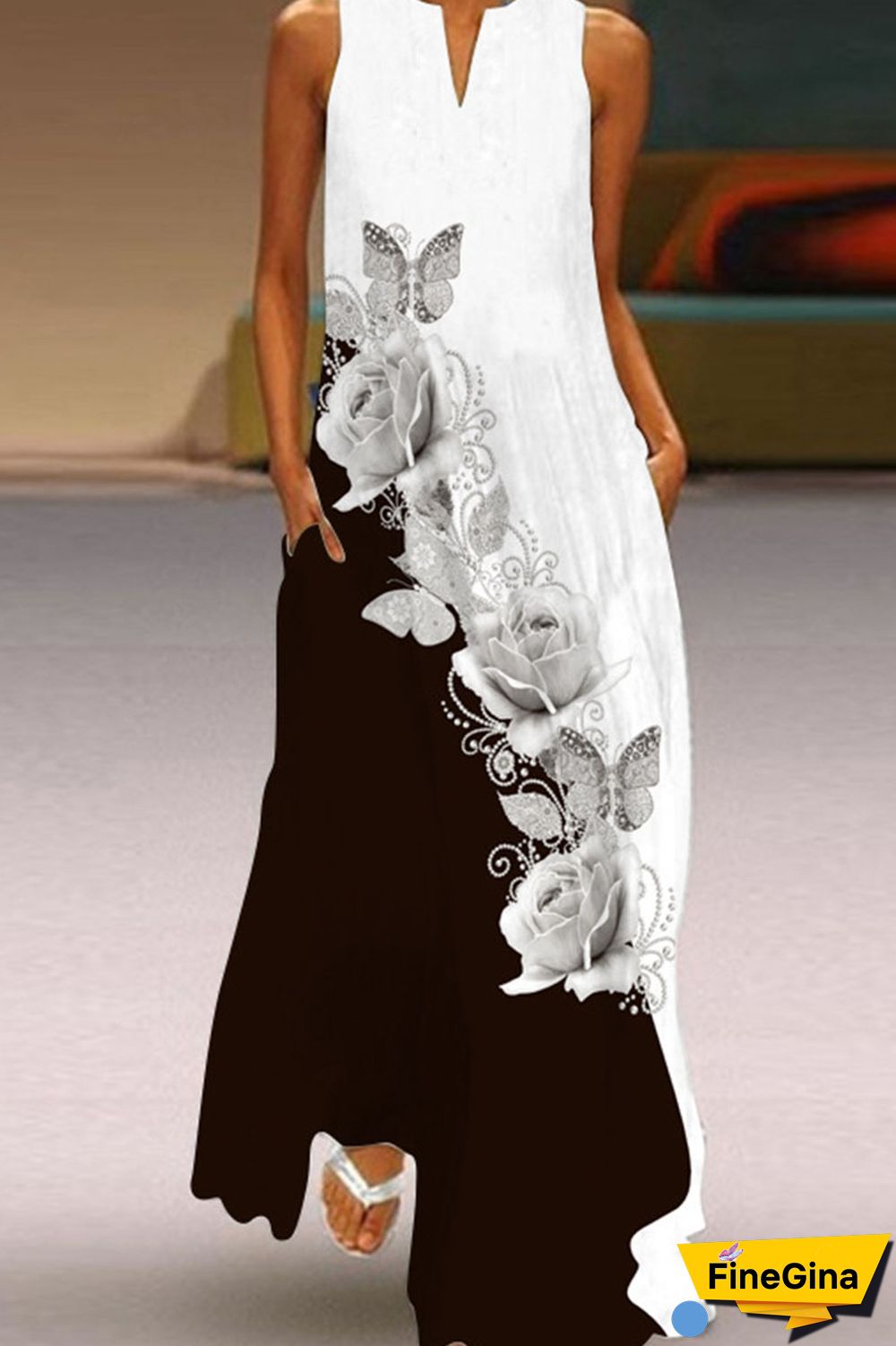 Yellow And Blue Casual Elegant Print Patchwork V Neck A Line Dresses