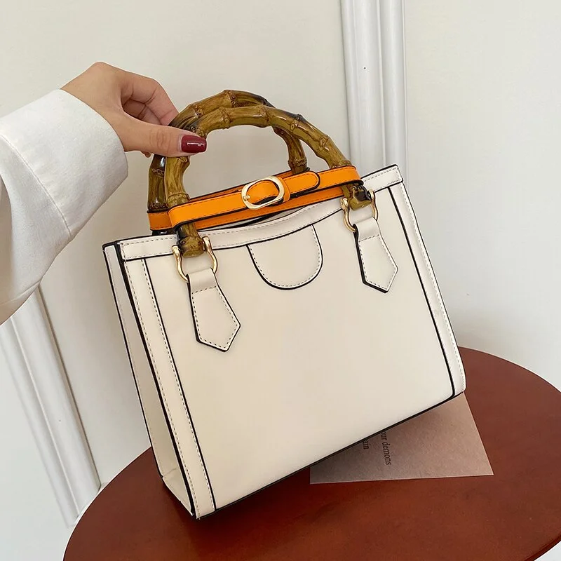 Luxury Brand Totes With Bamboo Handle 2021 Winter New PU Leather Women's Designer Handbag Contrast color Shoulder Messenger Bag