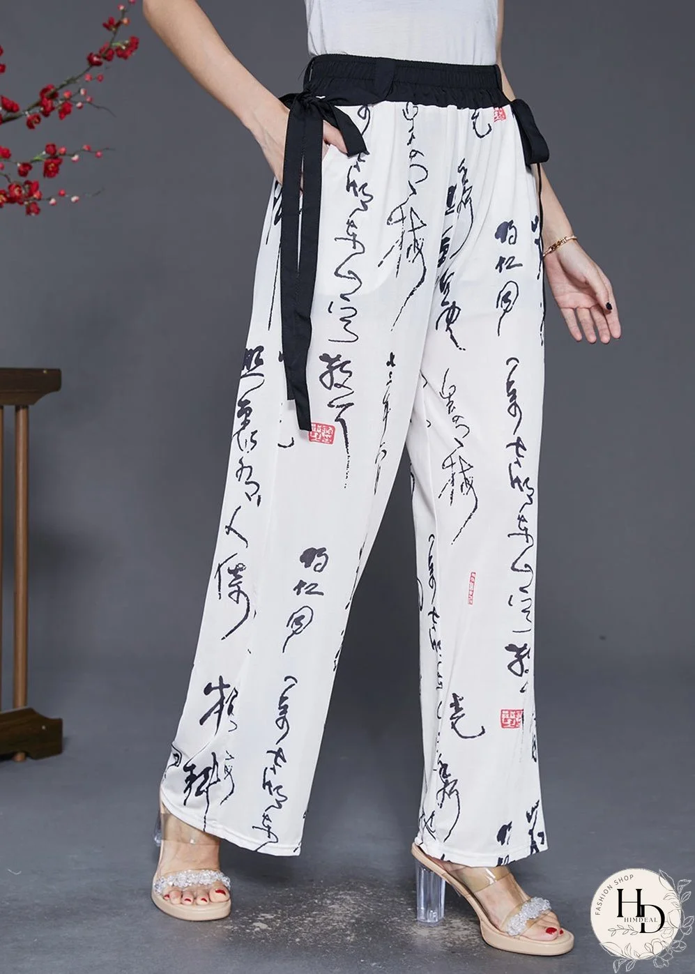 Simple White Elastic Waist Print Chiffon Straight Pants Fall