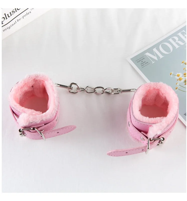 Sexy Adjustable Black Pink SM PU Leather Retro Handcuffs Fluffy Restraints BDSM Bondage Slave Adult Sex Cosplay Toys For Woman