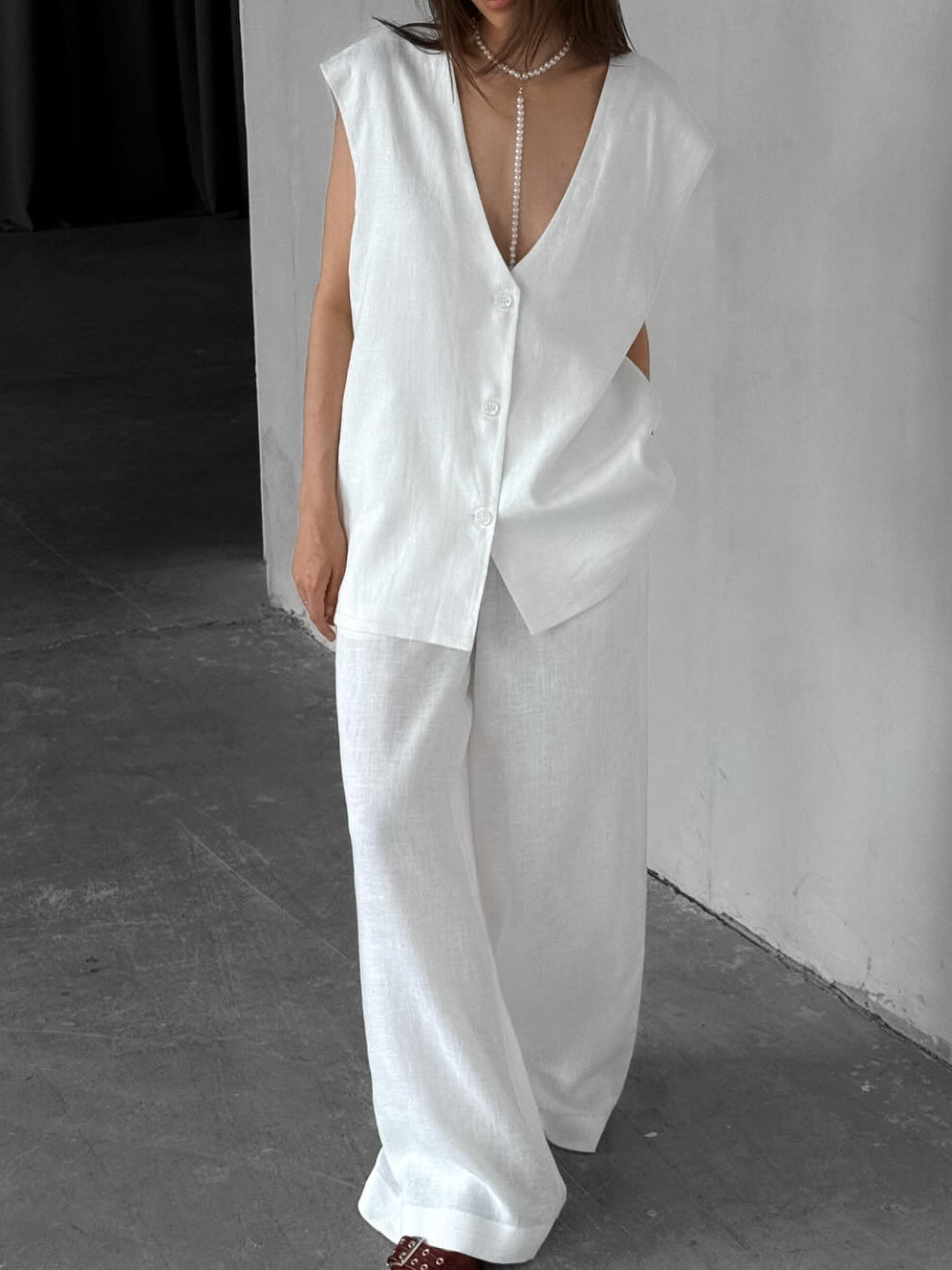 Sleeveless V Neck Button Up Vest And Wide Leg Trousers Two-Piece Set